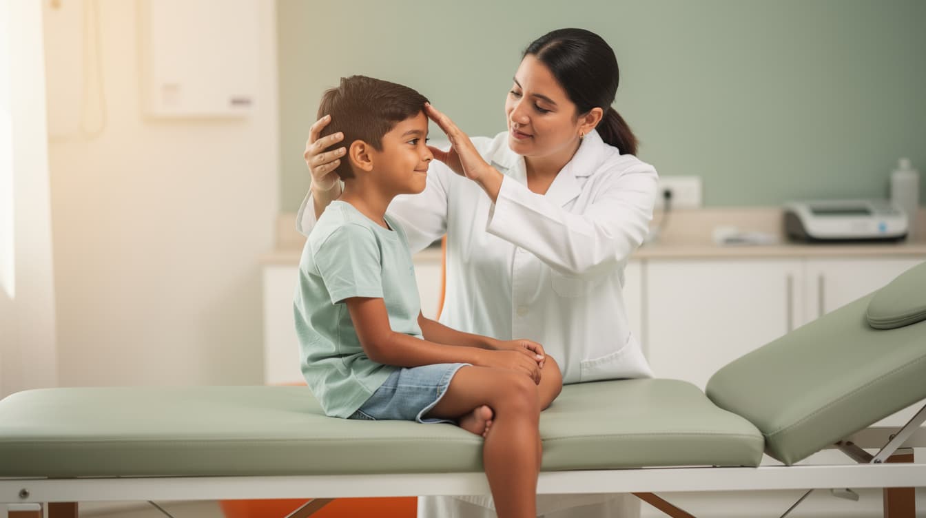 Ilustración: doctora explorando con delicadeza a un niño tranquilo