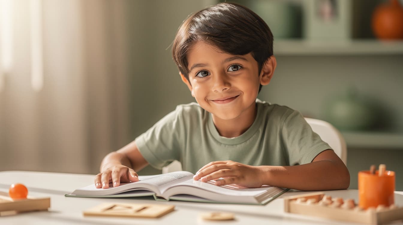 Ilustración: niño leyendo un libro en una mesa con juguetes