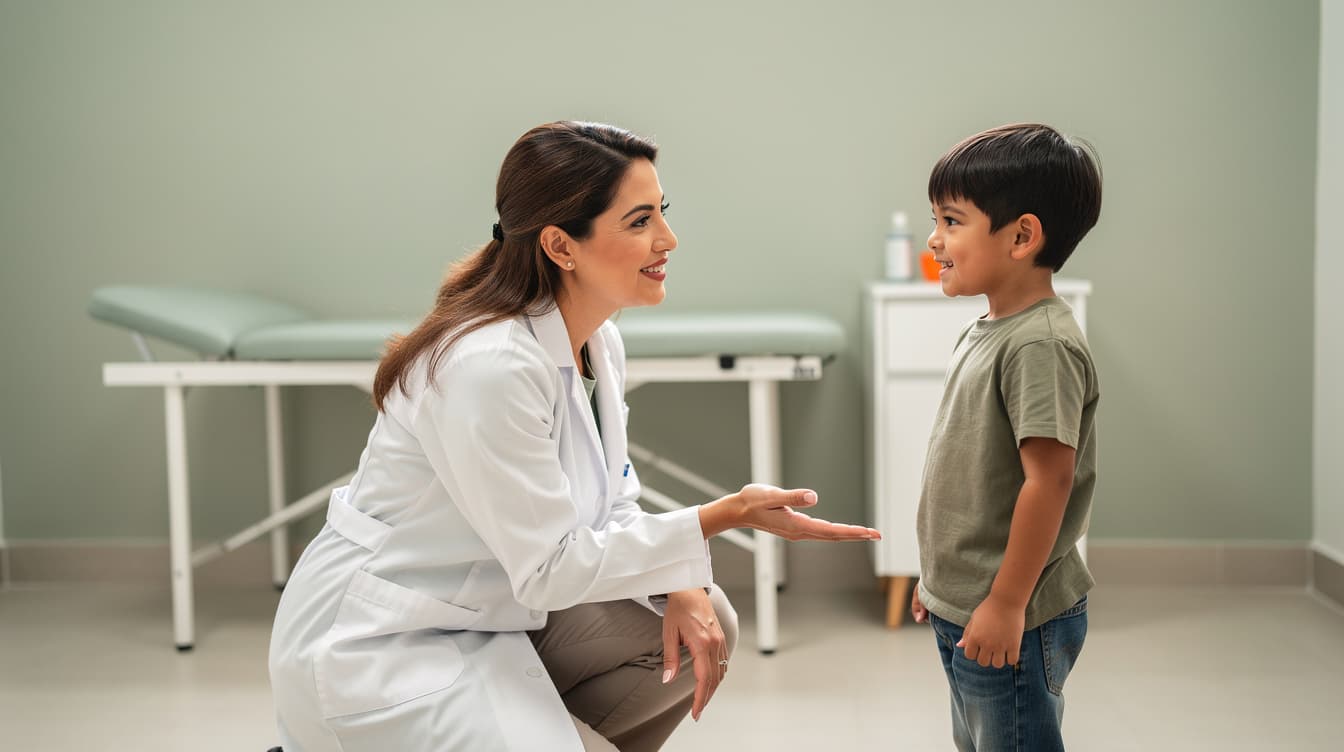 Ilustración: doctora conversando a la altura de un niño