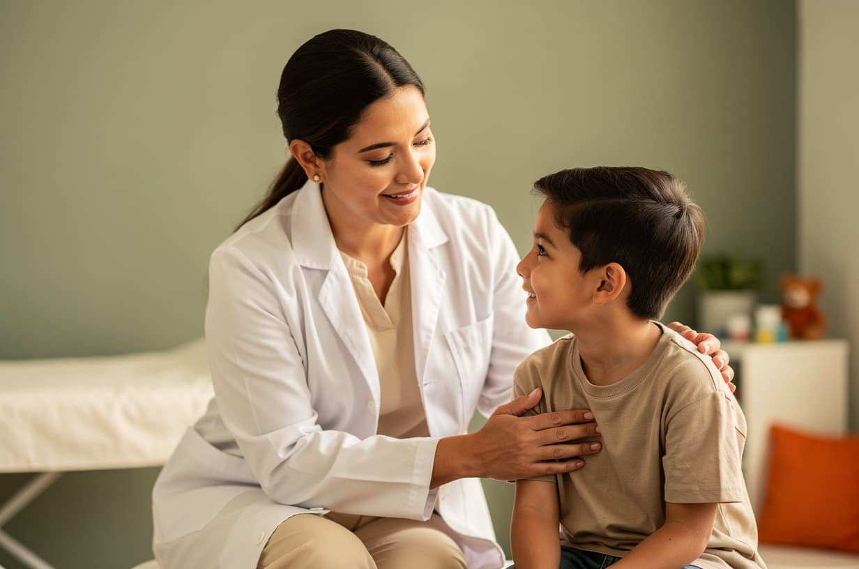 Ilustración: consulta de neuropediatría con un niño y su doctora