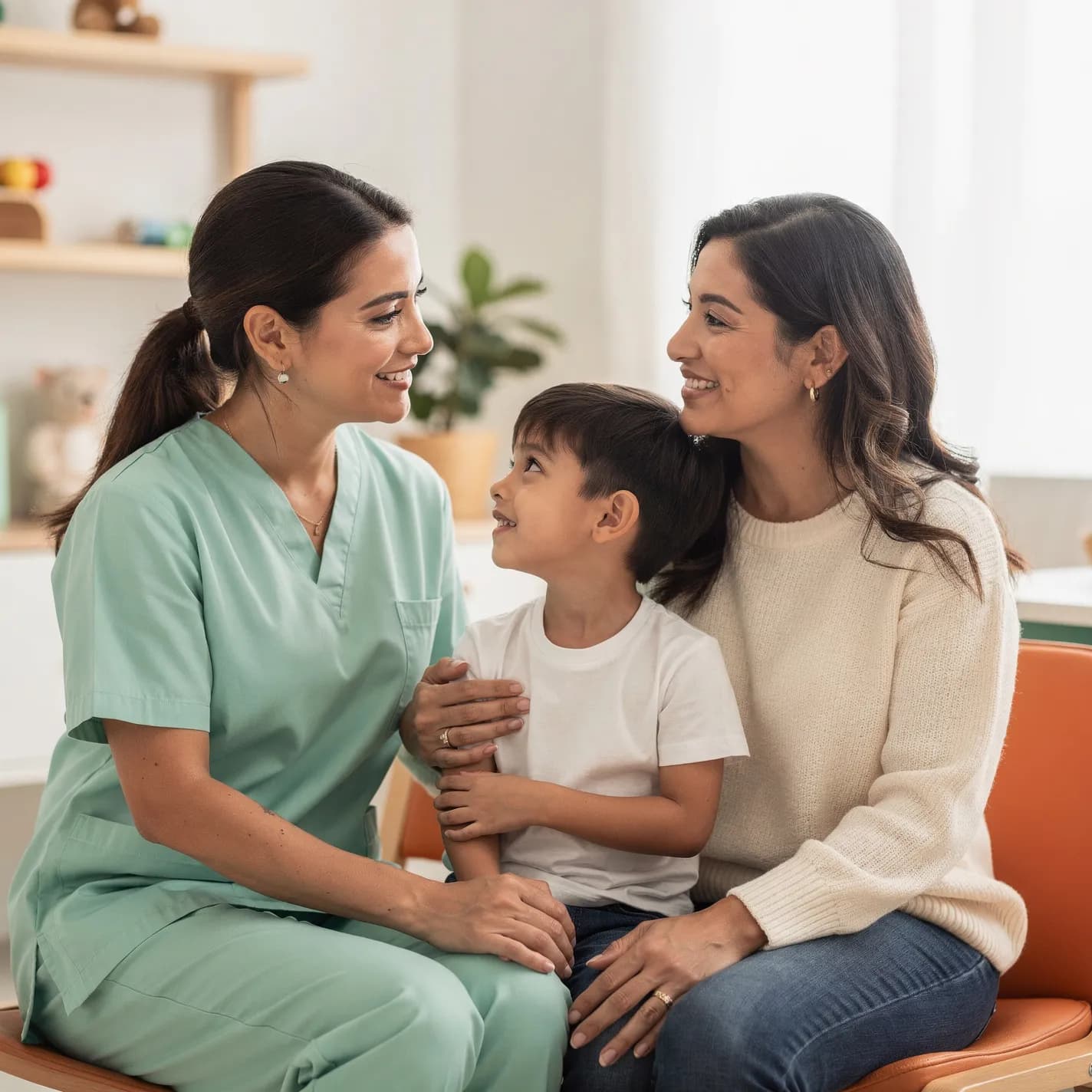 Ilustración: neuropediatra escuchando a un niño y su mamá en consulta