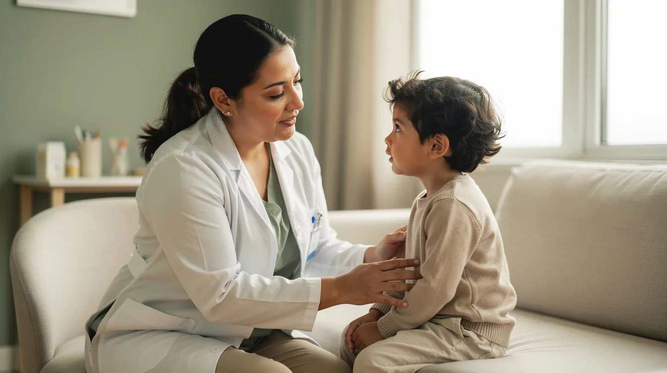 Neuropediatra revisando los reflejos de un niño en consulta