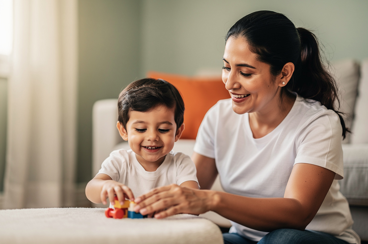 Mamá acompañando y jugando con su hijo en casa
